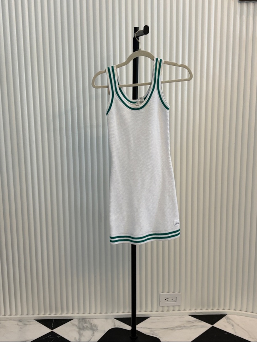 ALO Yoga White Knit Top with Green Accent